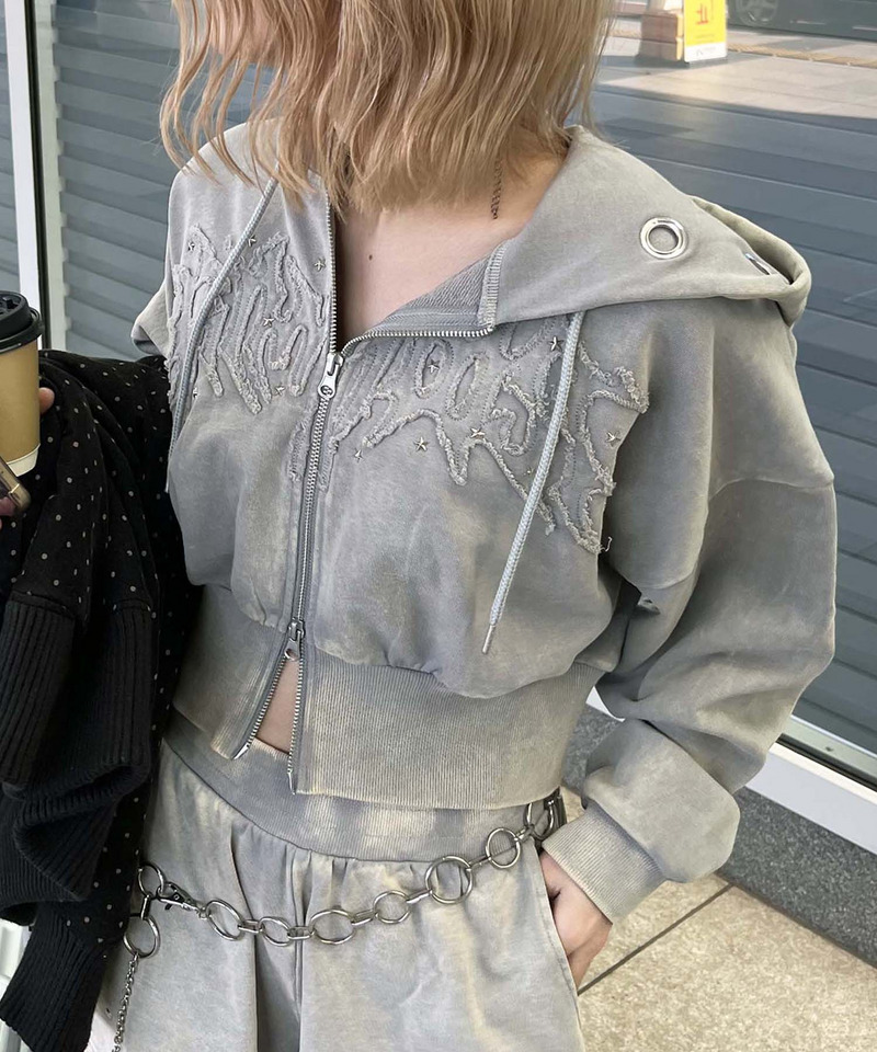 アイレットクラッシュロゴショートパーカー グレー F