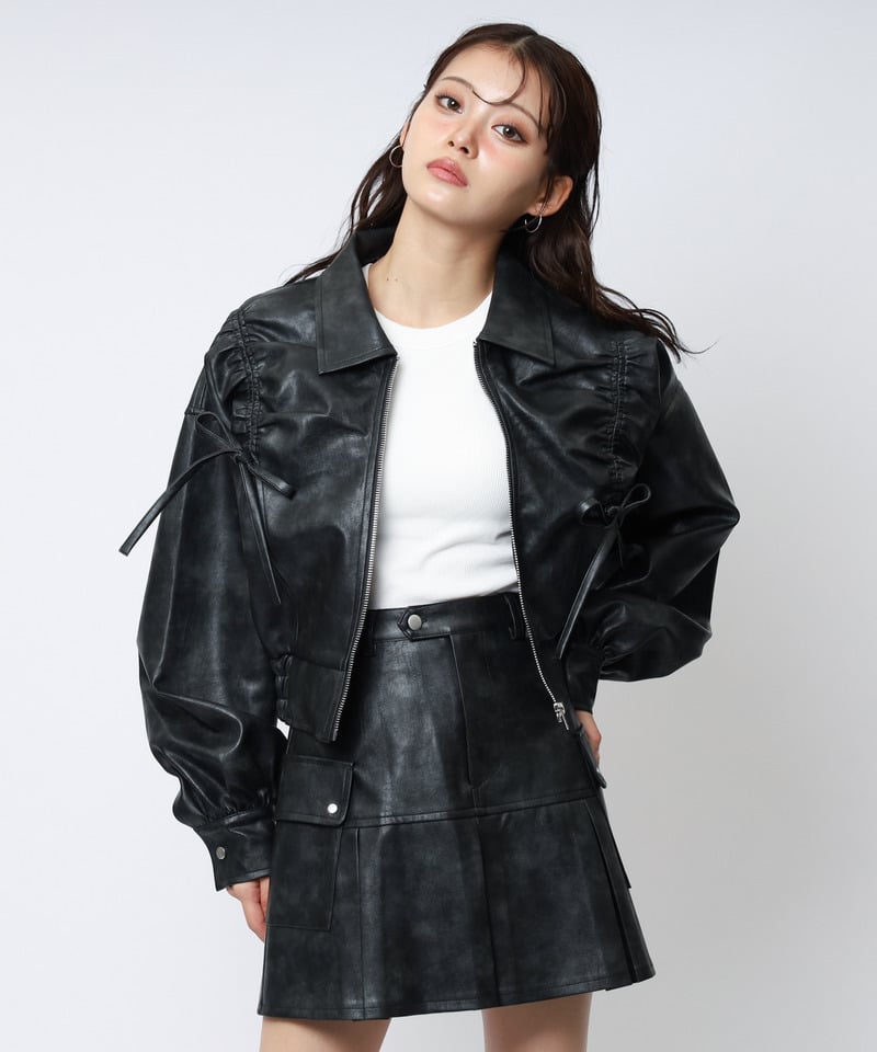 合皮ギャザーショートジャケット ブラック F