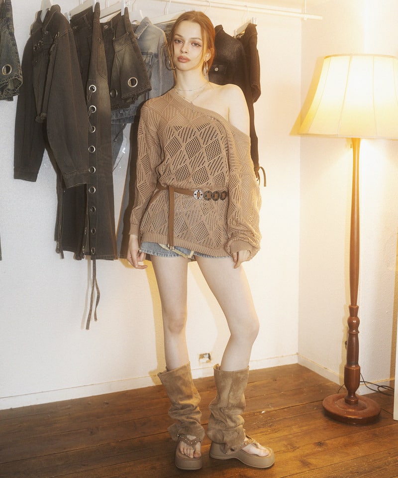 透かし編みベルト付きワンショルニット ブラウン F