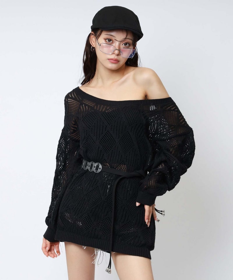 透かし編みベルト付きワンショルニット ブラック F