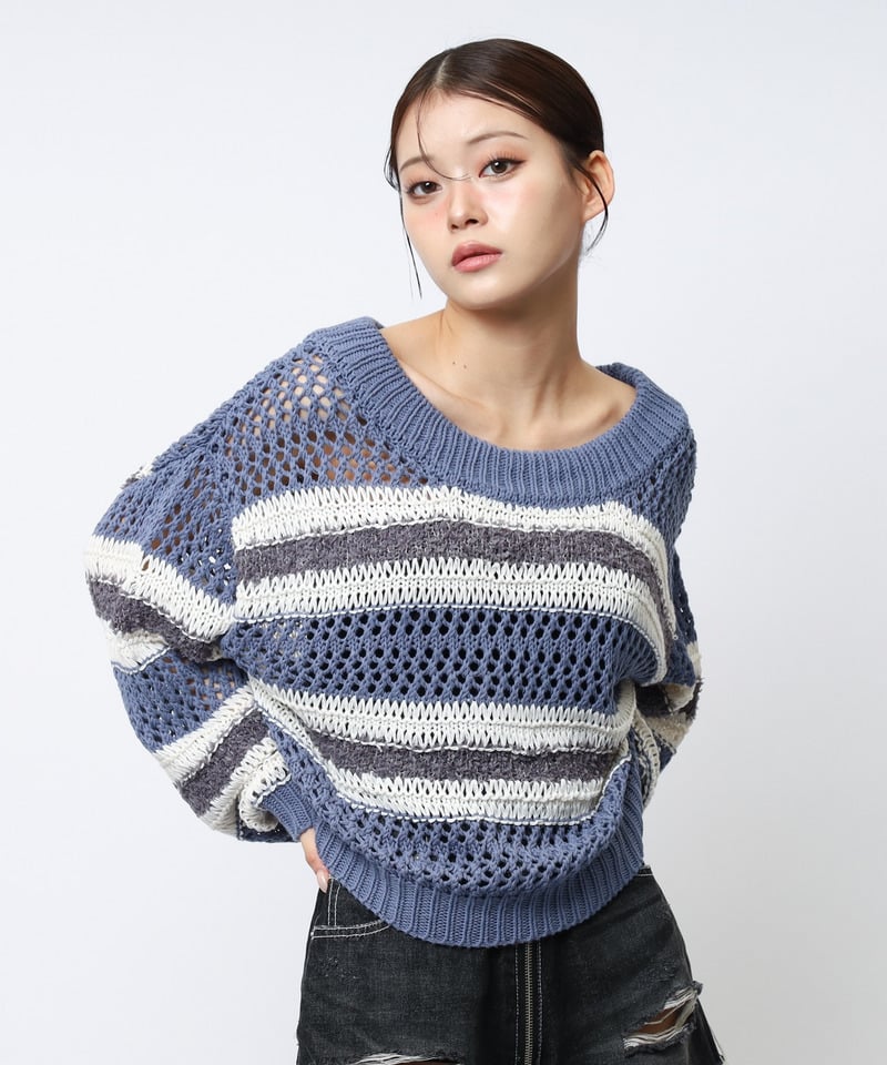 ボーダー透かし編みショートニット ブルー F