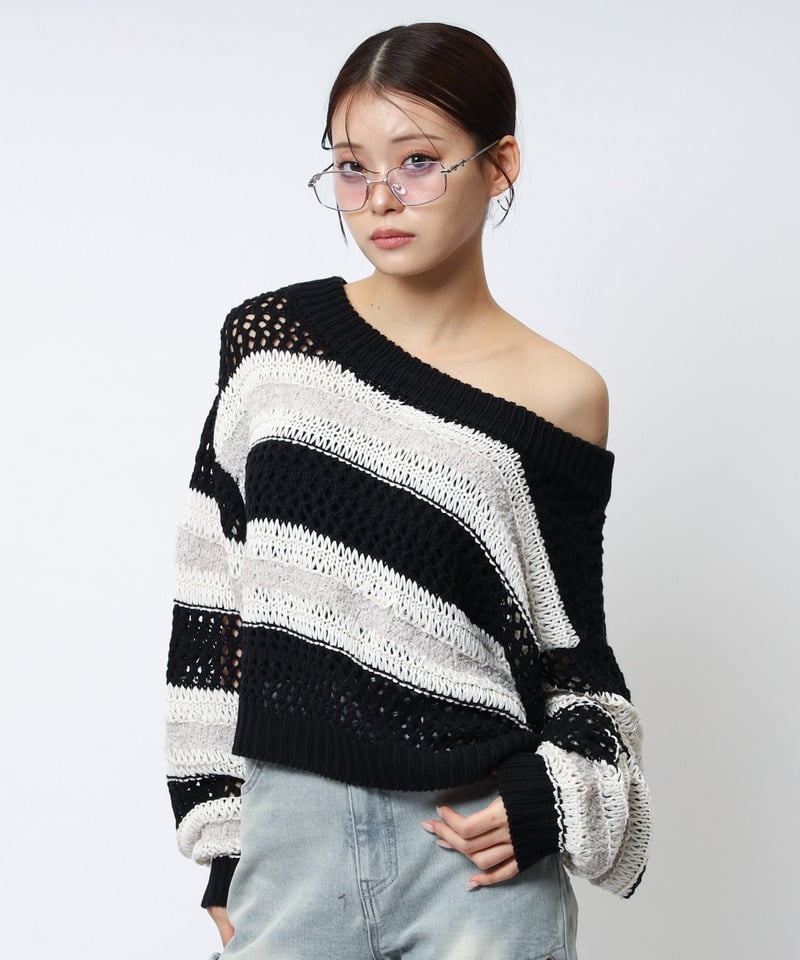 ボーダー透かし編みショートニット ブラック F