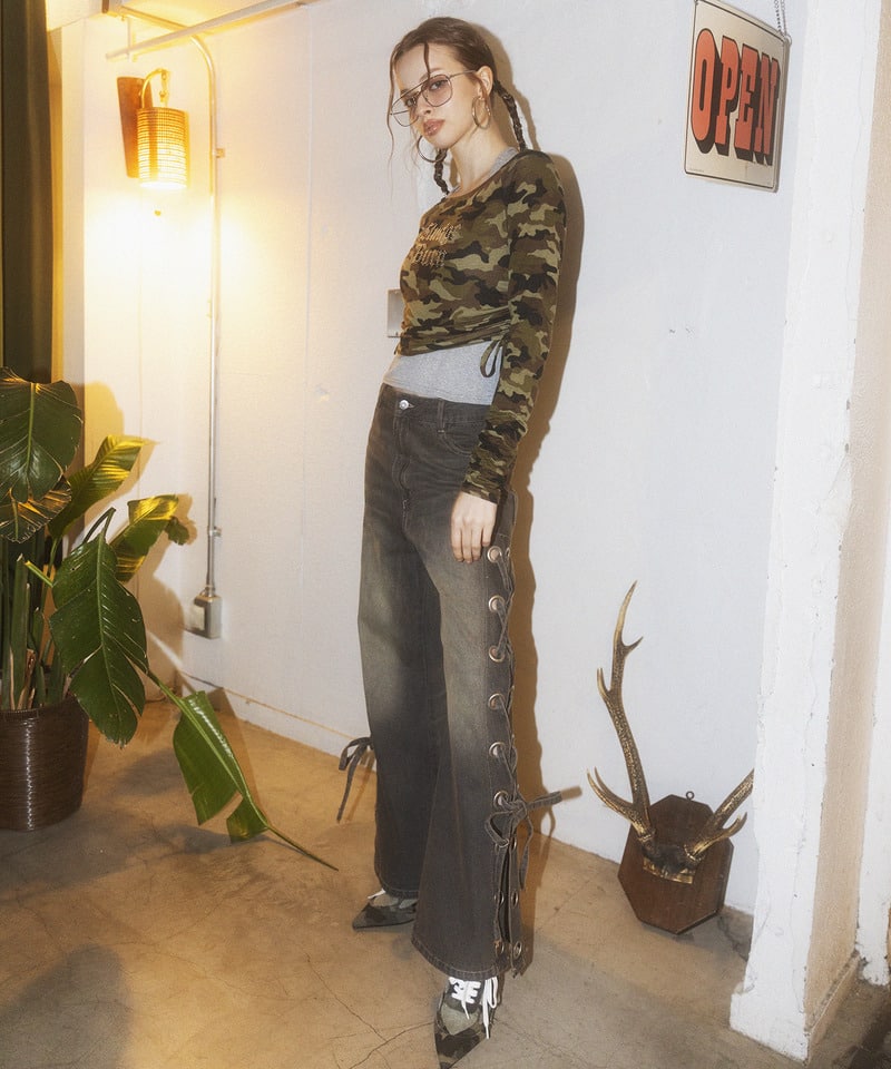 ラインストーンロゴアンサンブルトップス カーキ系 F