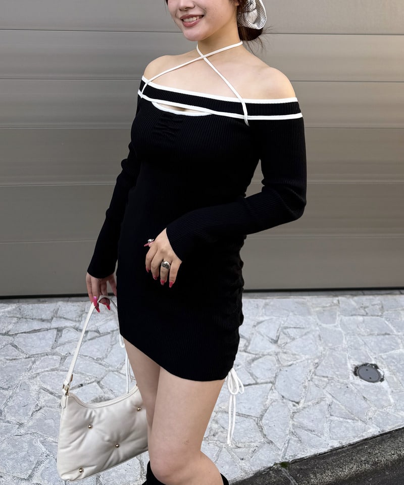 パイピングチョーカーリブワンピース ブラック F