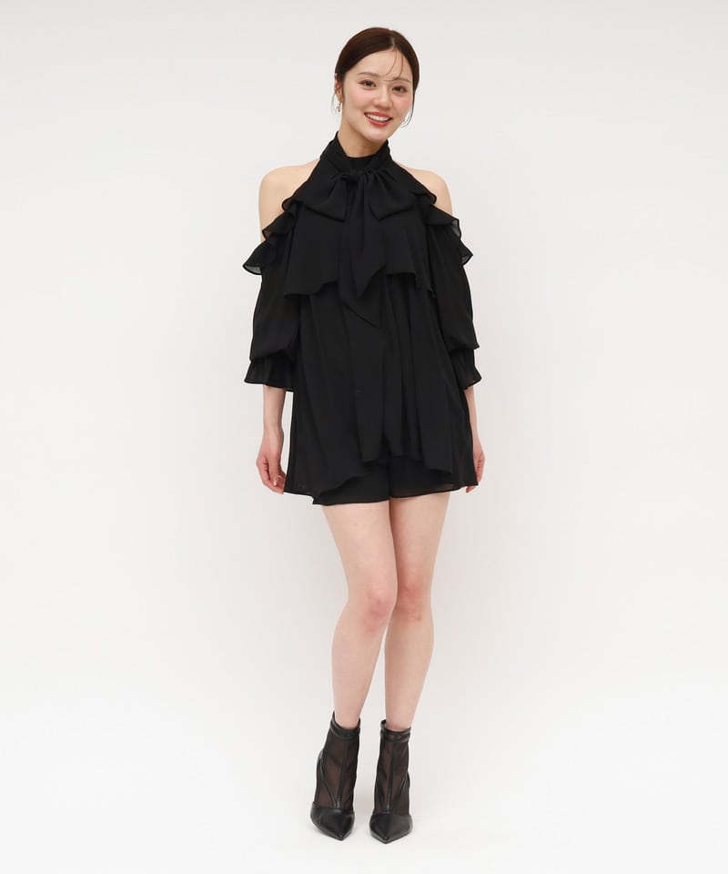 【ONLINE限定カラーあり】リボン付コールドショルダーブラウスセットアップ ブラック F