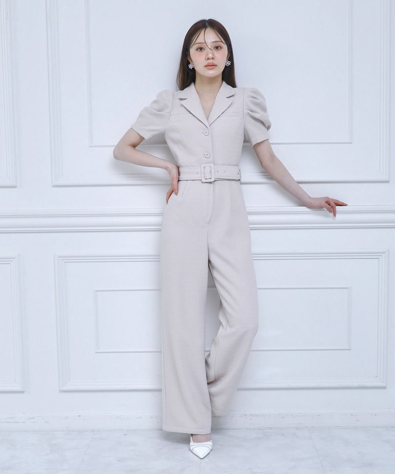 【ONLINE限定カラーあり/丈が選べる】ツイードテーラーオールインワン ベージュ ミニマム