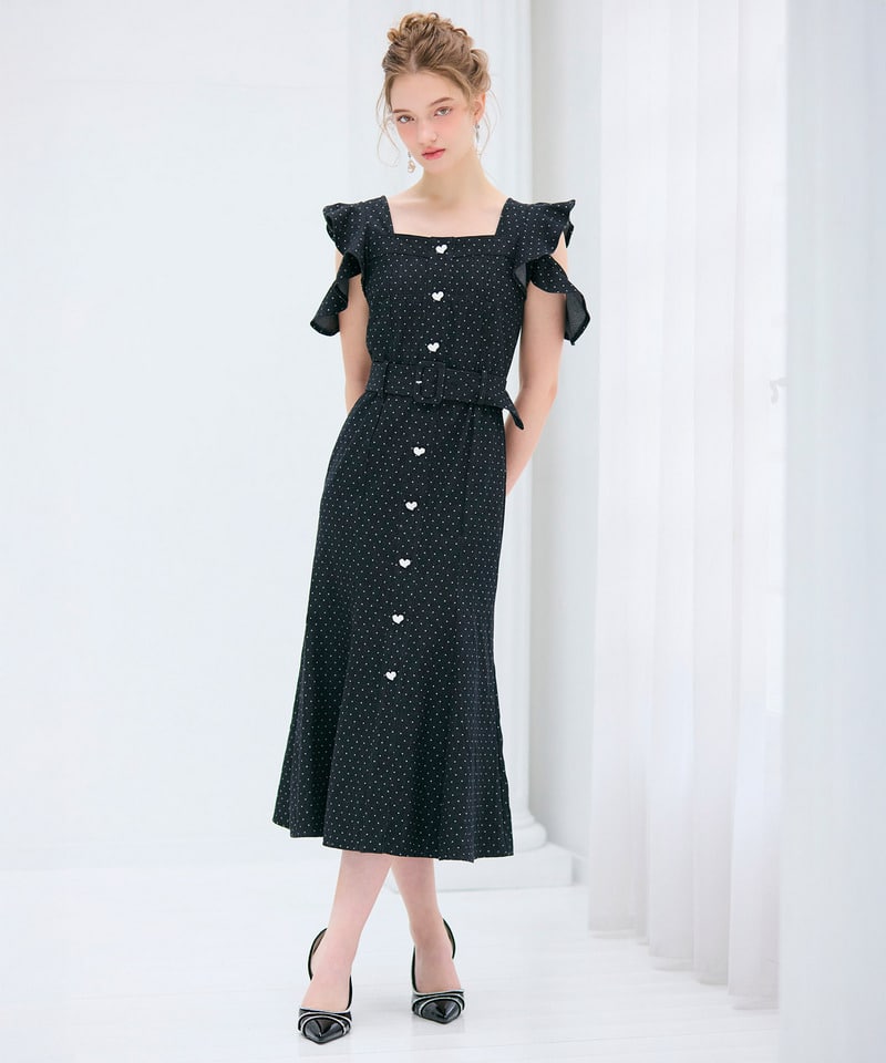 ハートボタンラッフルスリーブドットワンピース ブラックデニム F