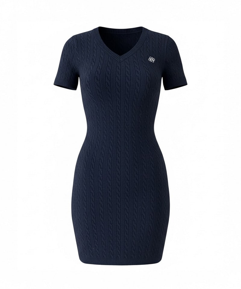 【ONLINE限定カラーあり】ロゴ刺しゅうケーブルニットミニワンピース ネイビー F