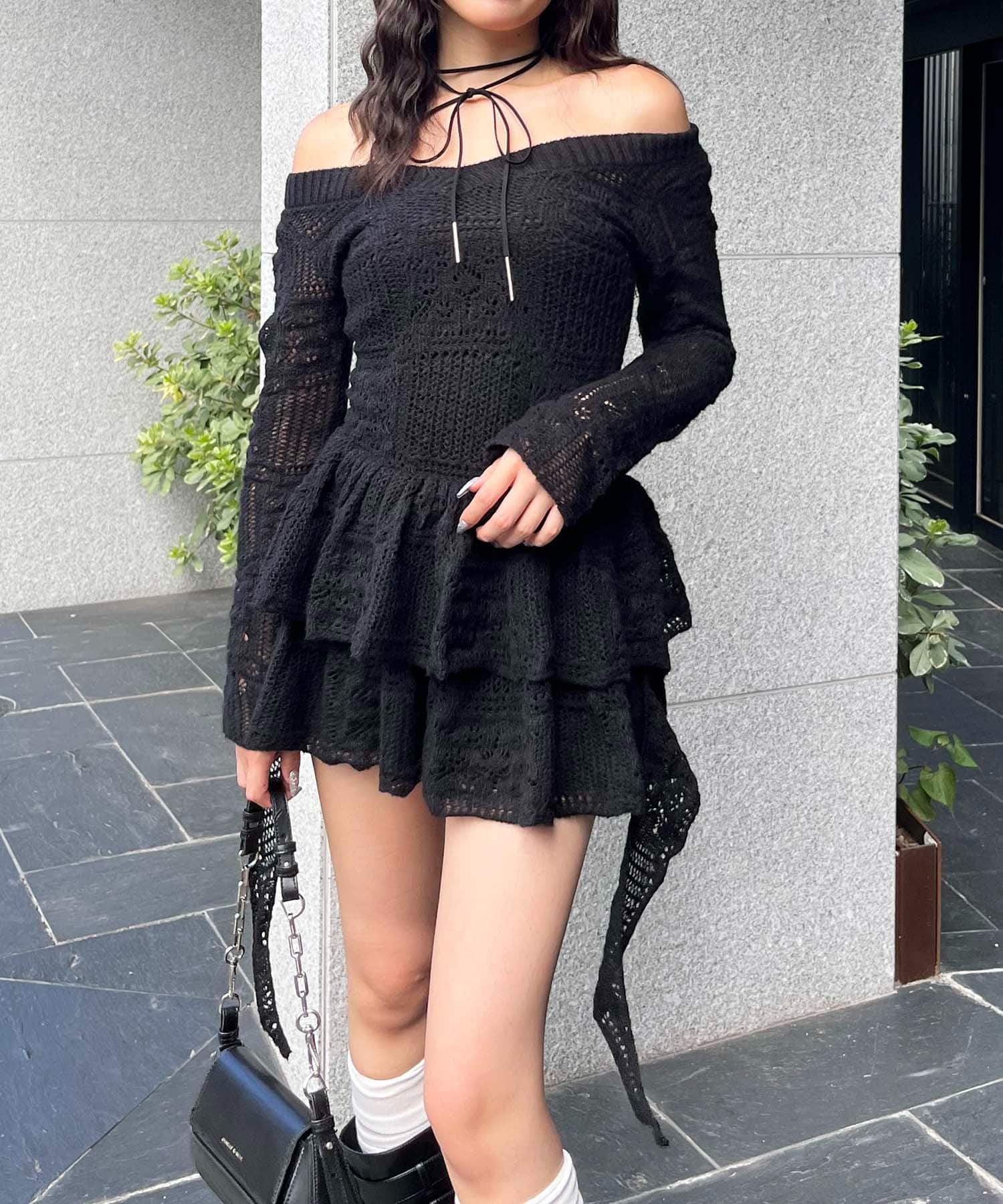 透かし編みティアードニットワンピース グレー F