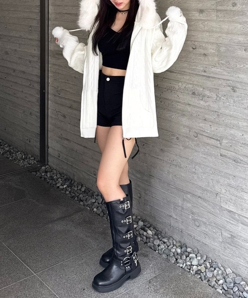 ぽんぽん付きケーブル編みZIPニットパーカーワンピース ブラウン F