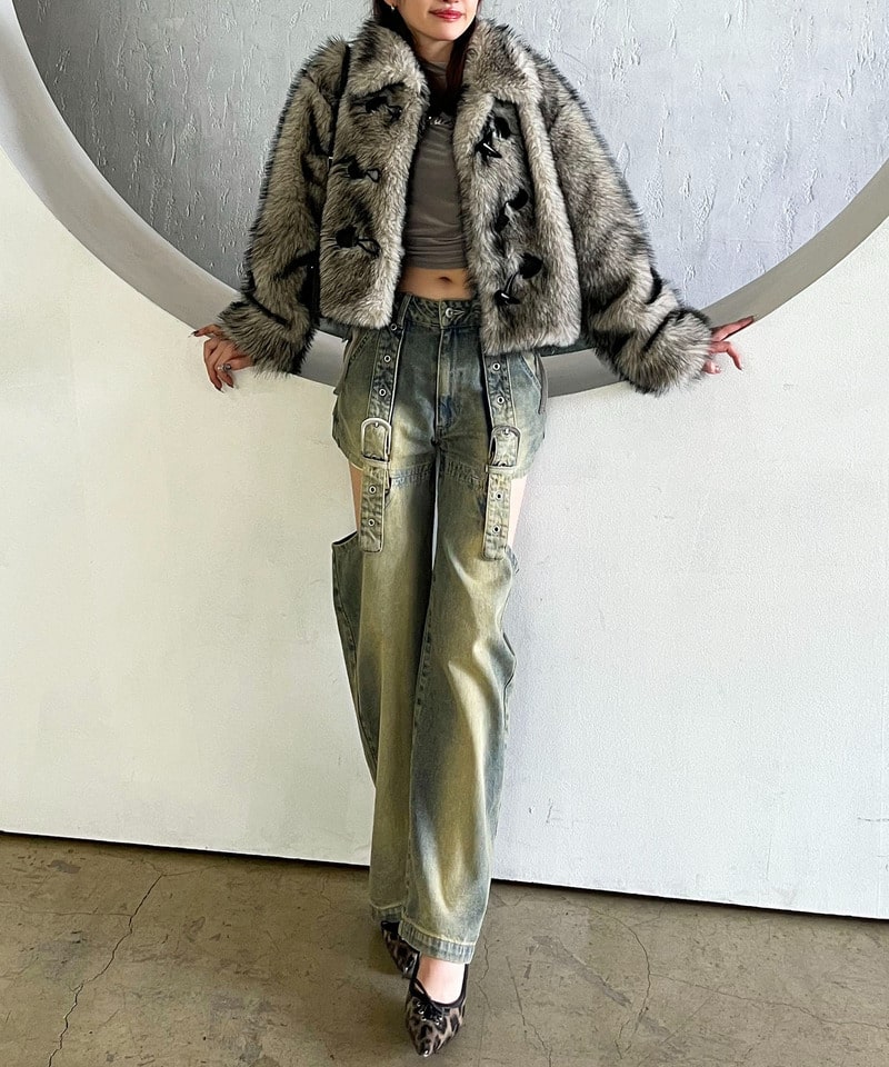 ファーダッフルショートコート グレー F