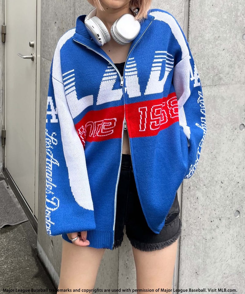 【MLB】ダブルZIPロゴニットカーデ ブルー F