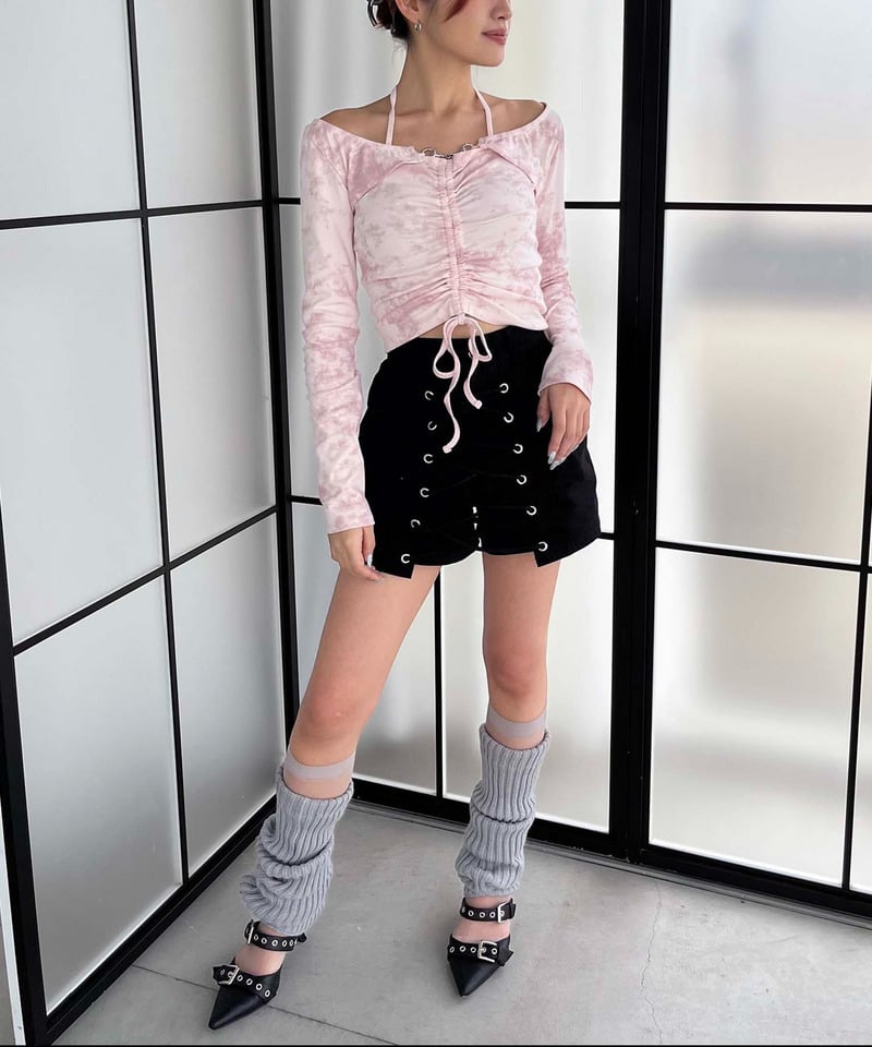 ラップ付きレースアップショートパンツ ブラック F