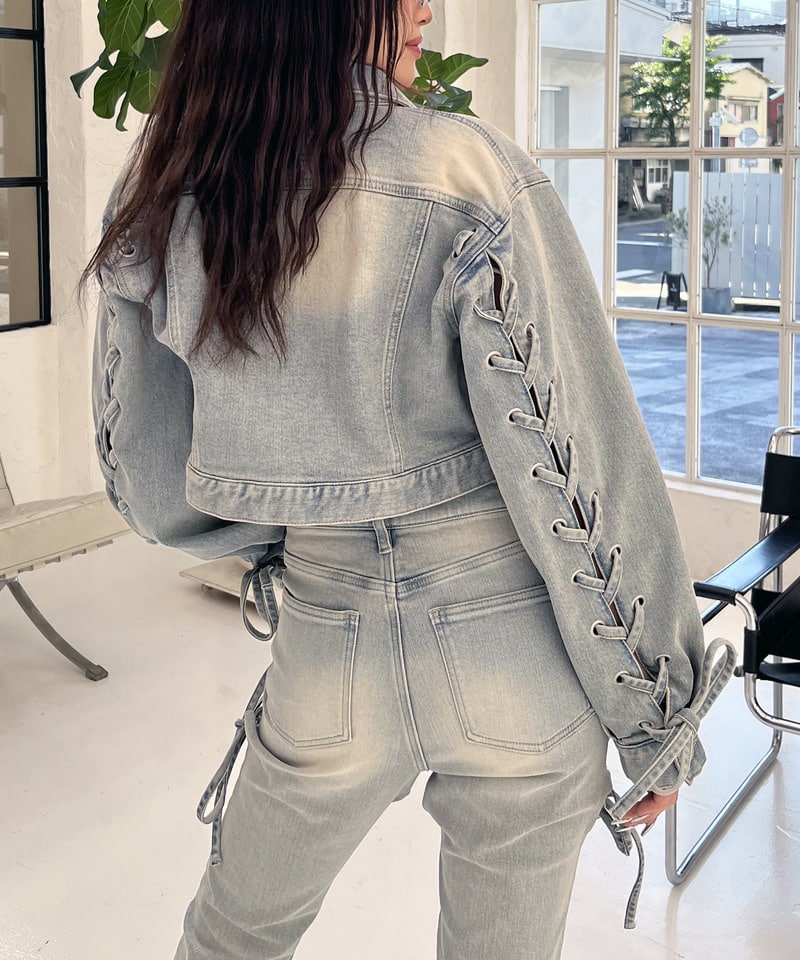 レースアップデニムショートジャケット デニムブルー F