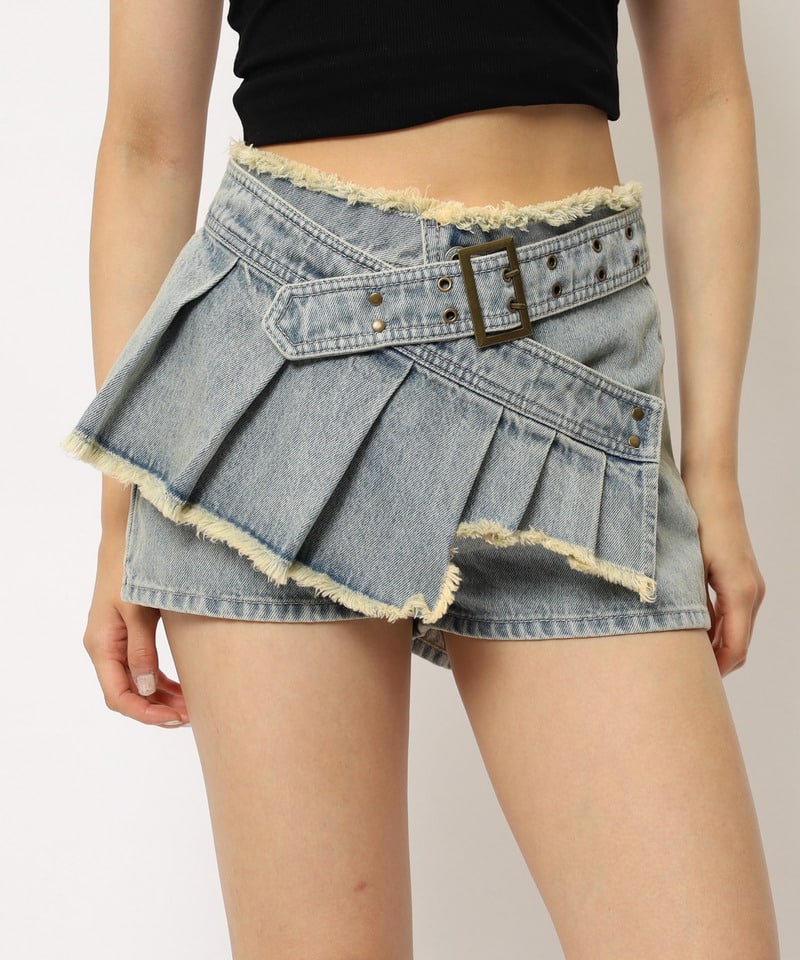 ベルトプリーツデザインショートパンツ デニムブルー S