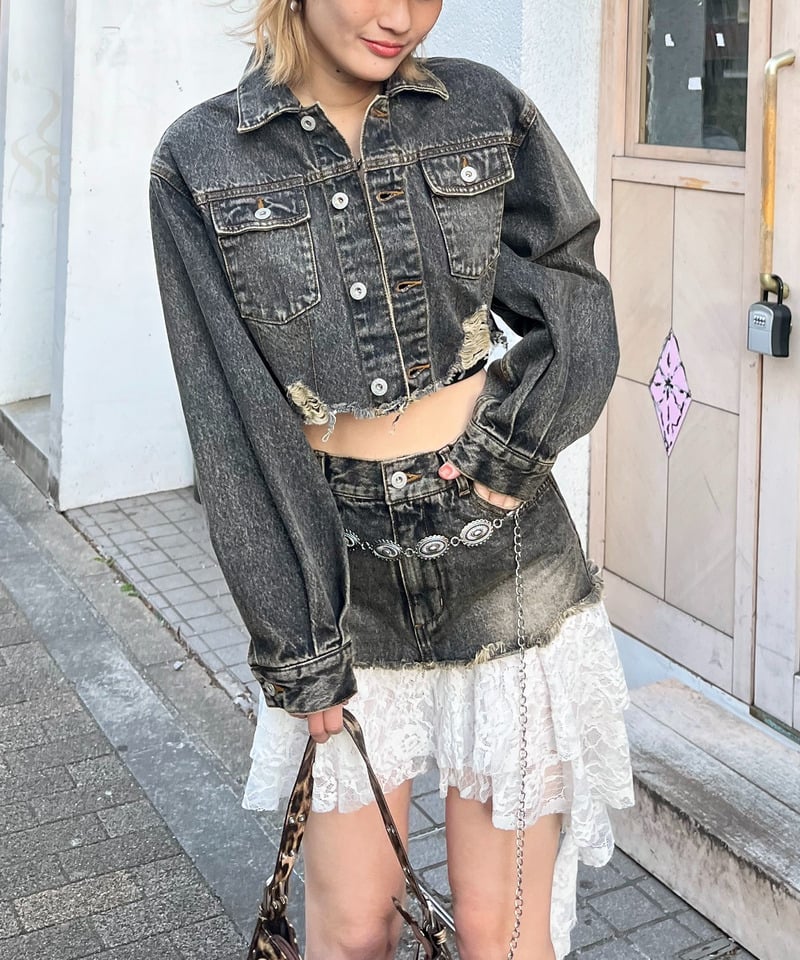 レースドッキングデニムスカート ブラックデニム F