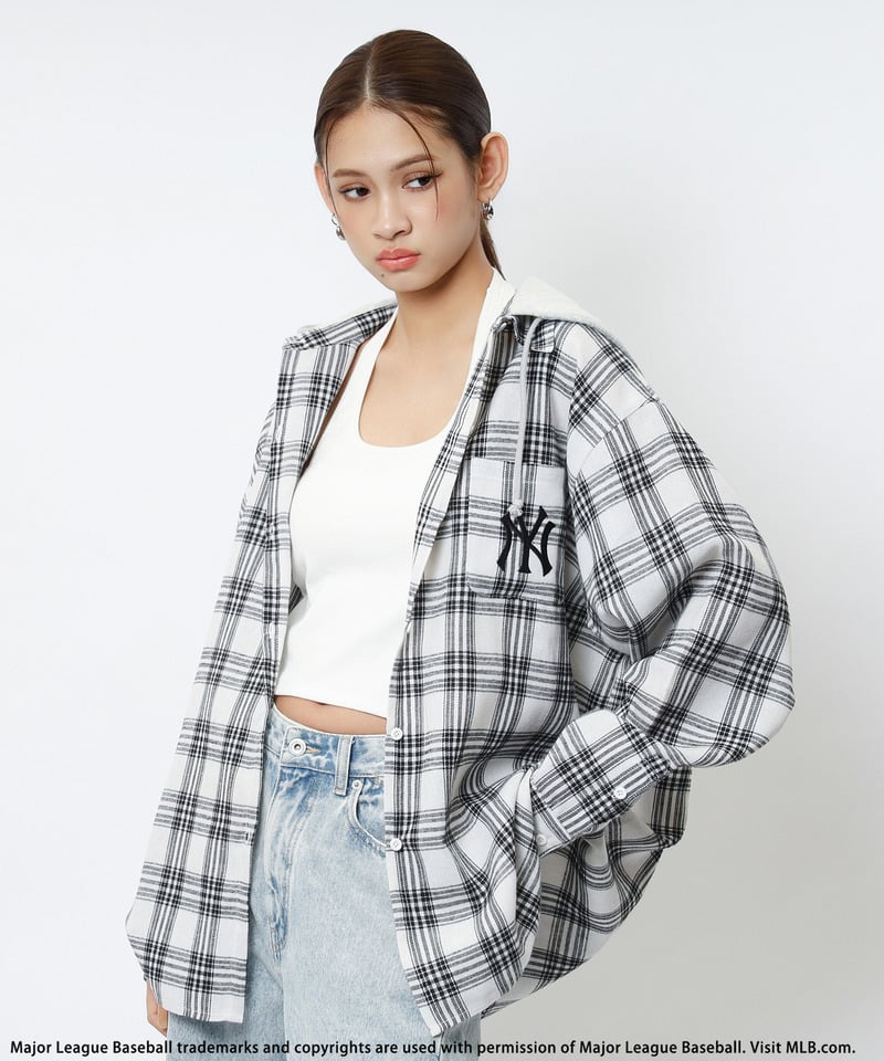 【MLB】チェックシャツフーディー ブラウン系 F