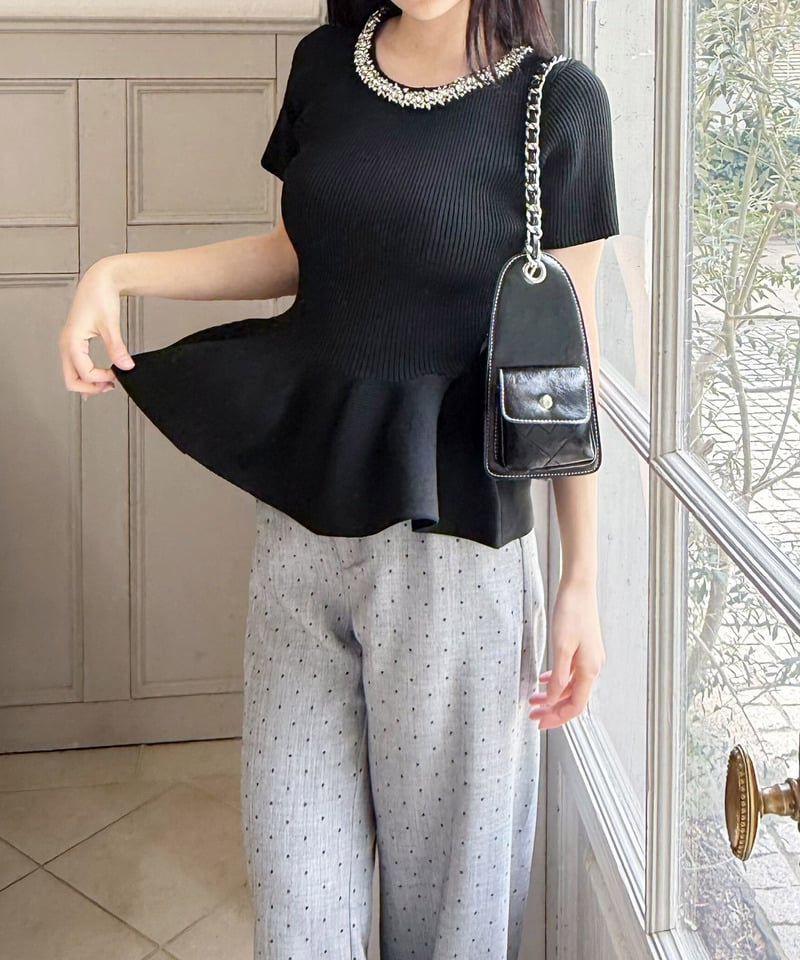 ネックビジューペプラムニットトップス ピンク F