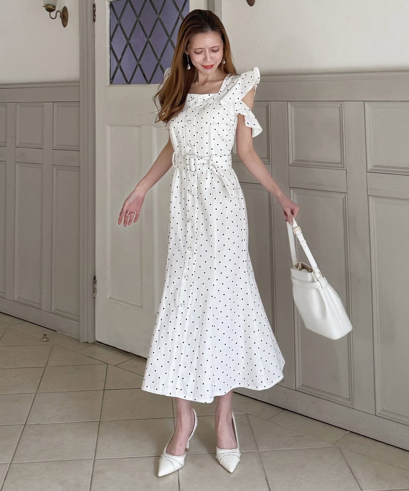 ハートボタンラッフルスリーブドットワンピース デニムブルー F