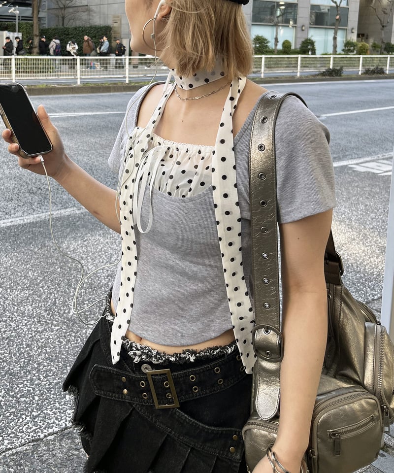 ドット柄チョーカーレイヤードトップス グレー F