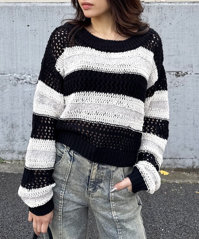 ボーダー透かし編みショートニット ブルー F