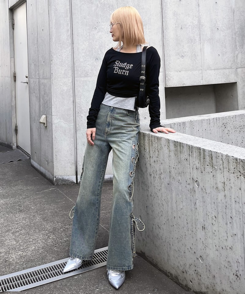 ラインストーンロゴアンサンブルトップス カーキ系 F