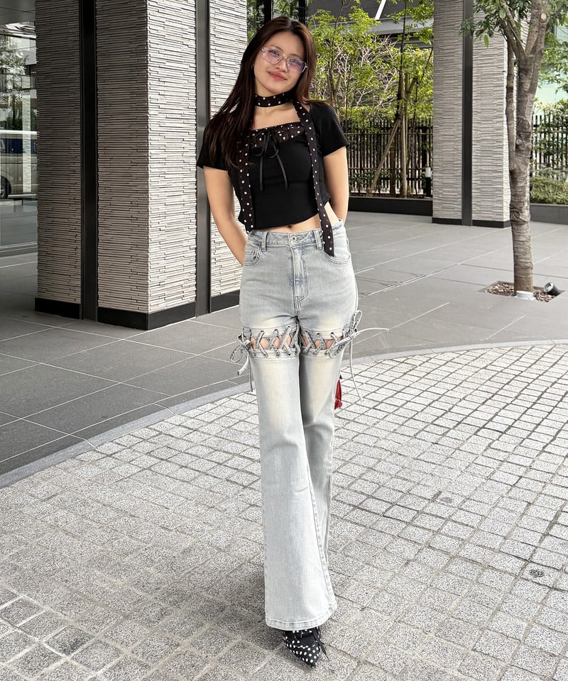 ドット柄チョーカーレイヤードトップス グレー F