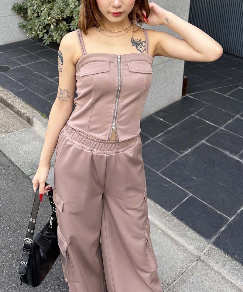 ダブルZIPキャミパンツセットアップ グレー F