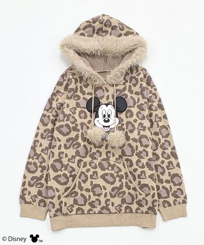 【Disney/ディズニー/ミッキーマウス】レオパードニットフーディー ブラック F