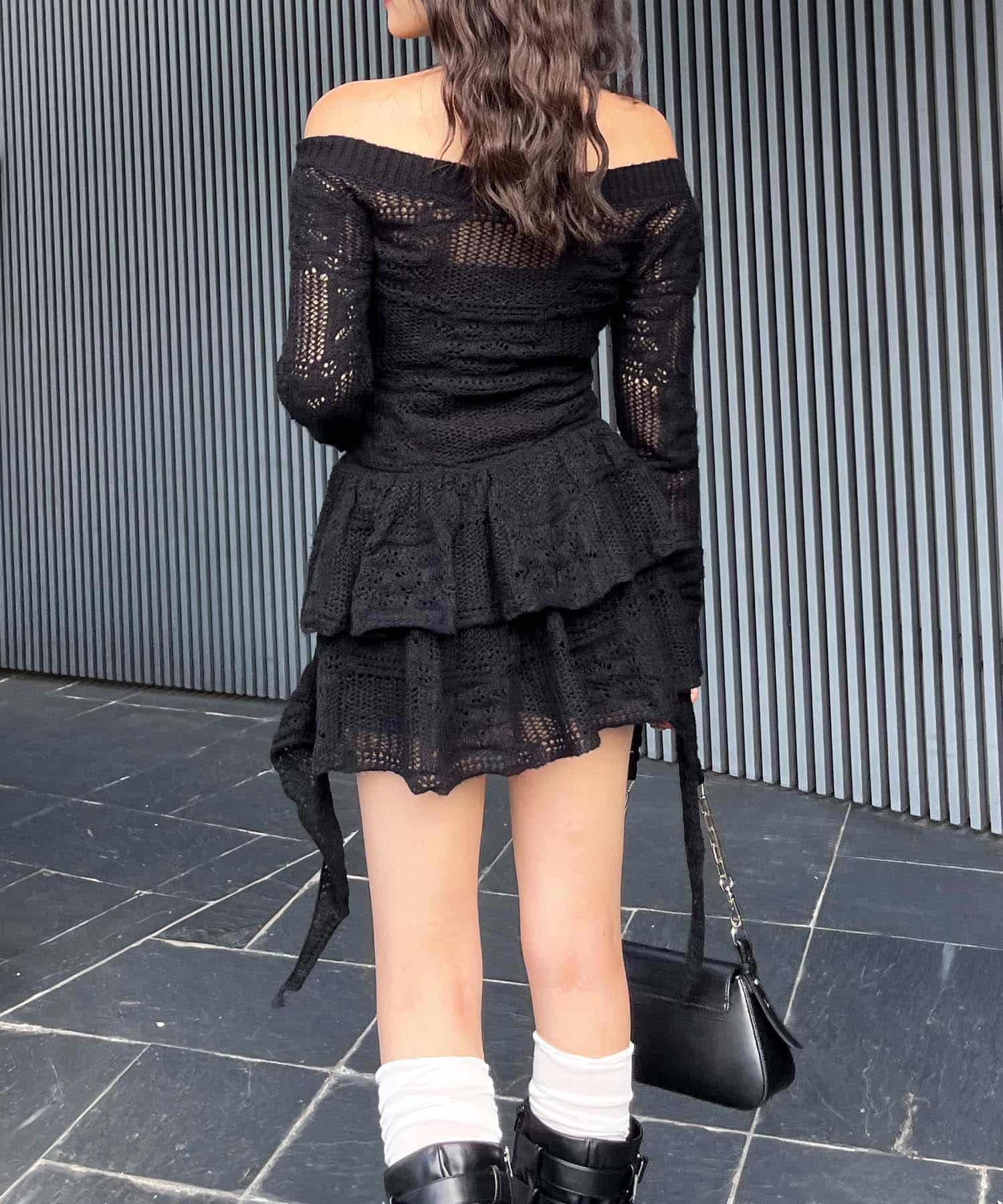 透かし編みティアードニットワンピース グレー F