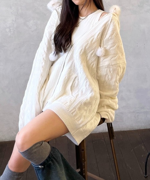 ぽんぽん付きケーブル編みZIPニットパーカーワンピース ブラウン F