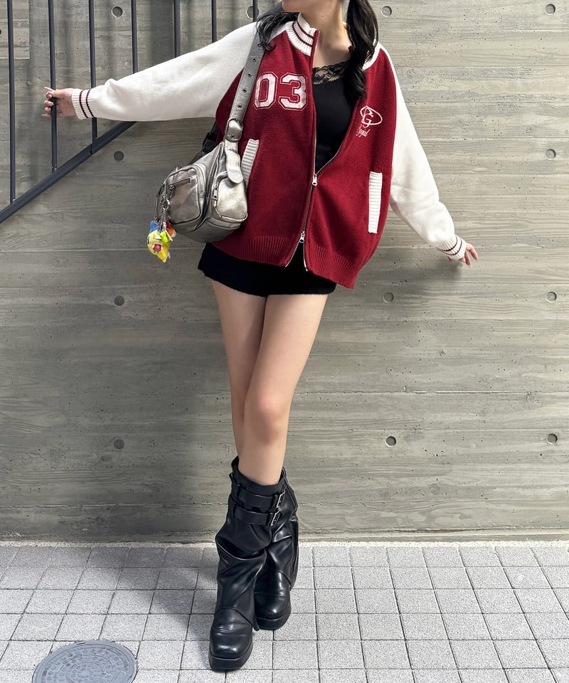 【iScreamコラボ】ナンバリングZIPニットカーディガン レッド F