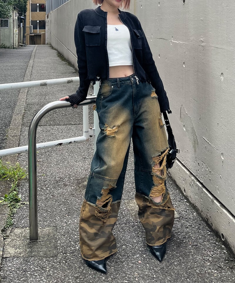 ピグメントダメージニット グレー F