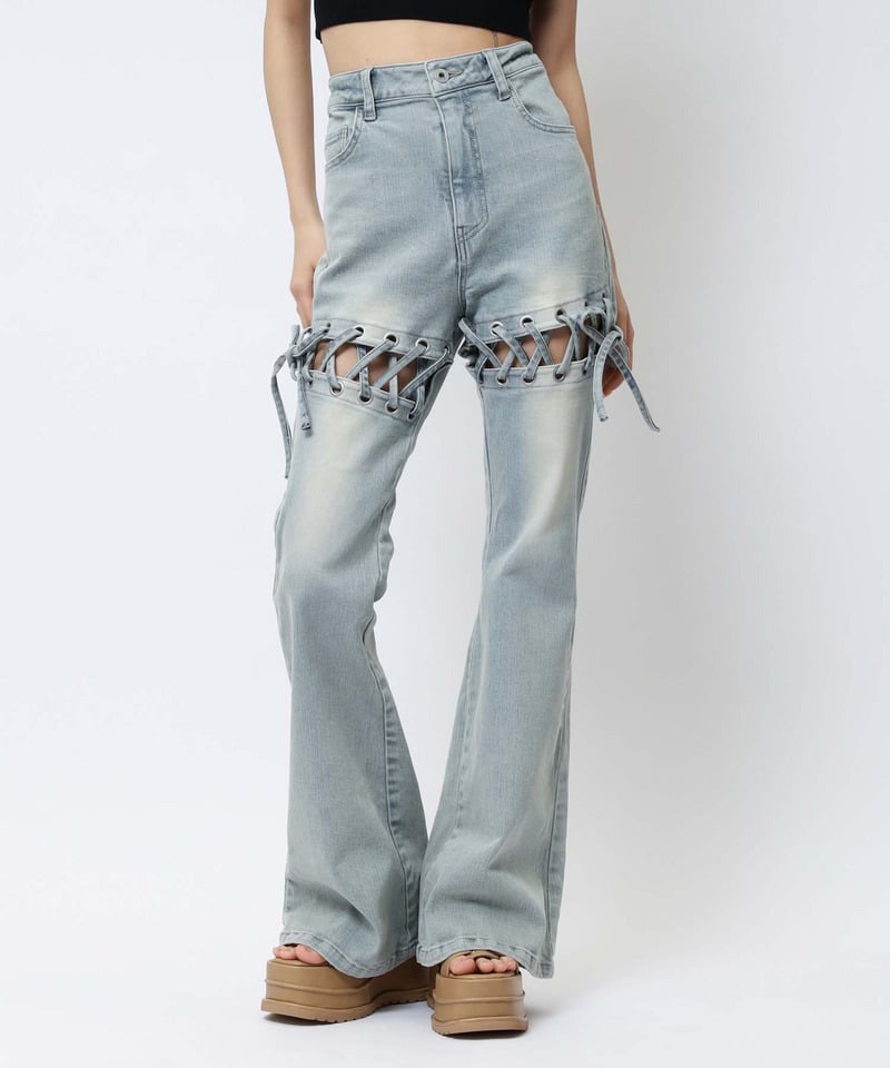 レースアップサイドカットフレアパンツ ブルー S