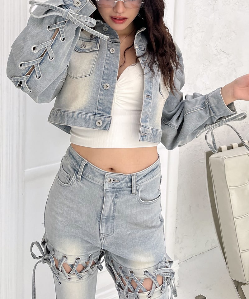 レースアップデニムショートジャケット デニムブルー F