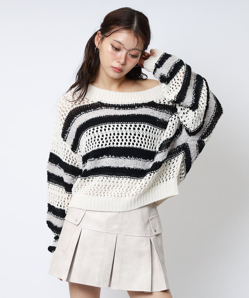 ボーダー透かし編みショートニット ブルー F