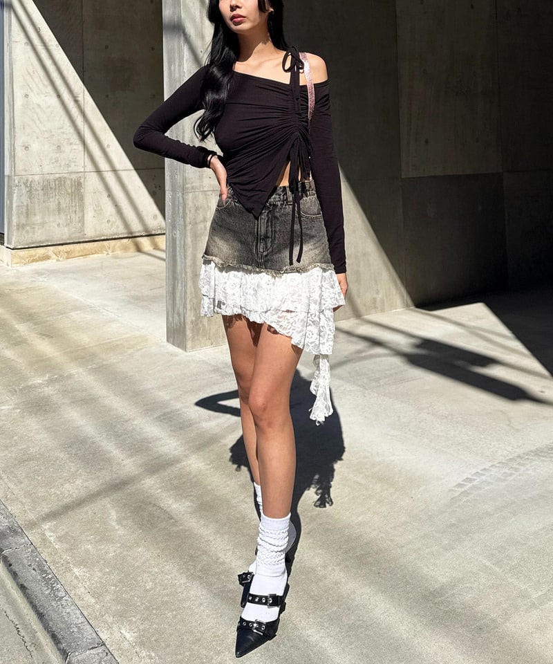 レースドッキングデニムスカート ブラックデニム F