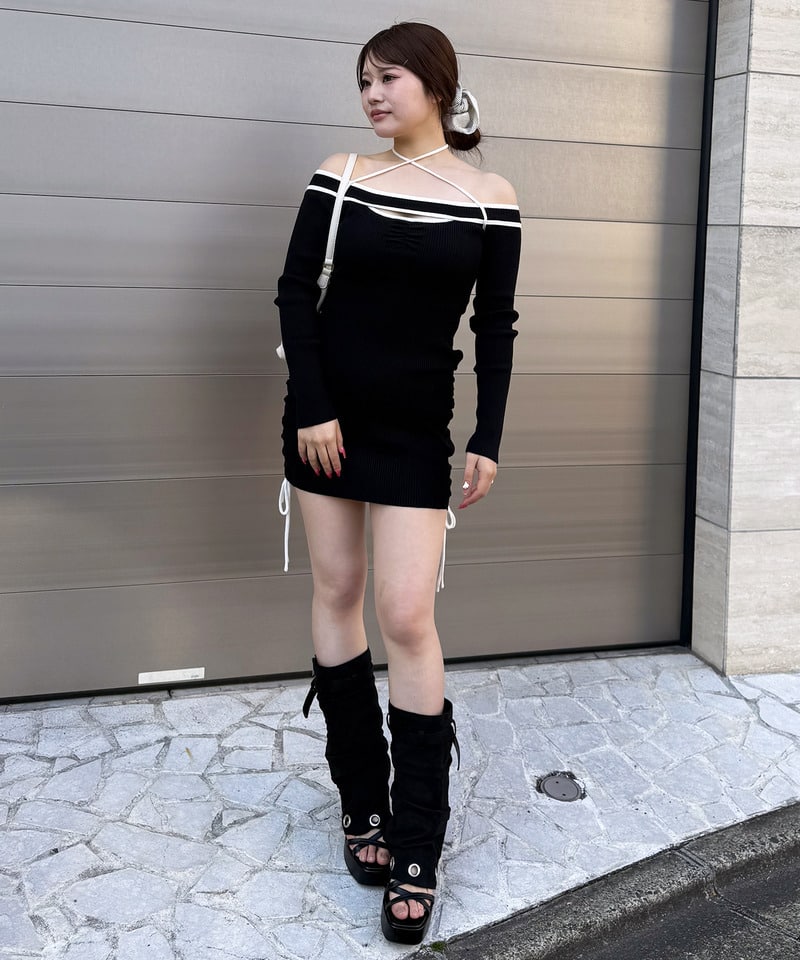 パイピングチョーカーリブワンピース ベージュ F