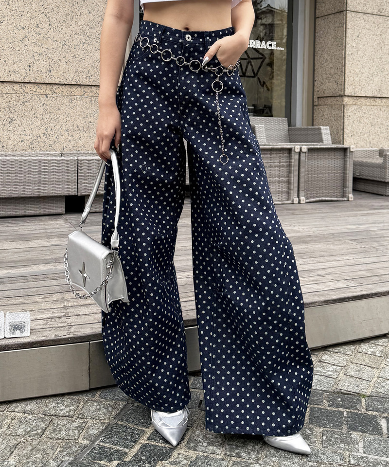 ドット柄バレルレッグパンツ ドット柄 S