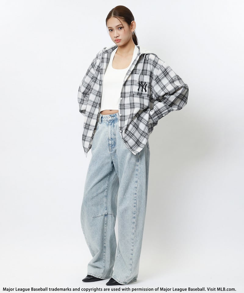 【MLB】チェックシャツフーディー ブラウン系 F