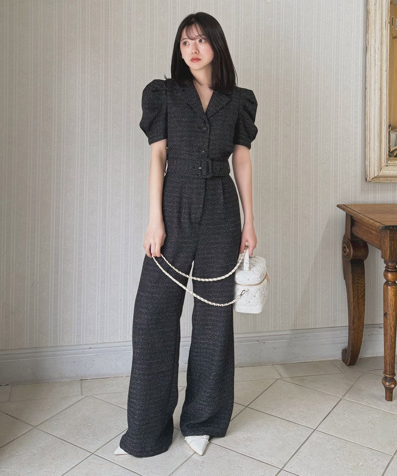 【ONLINE限定カラーあり/丈が選べる】ツイードテーラーオールインワン ベージュ F