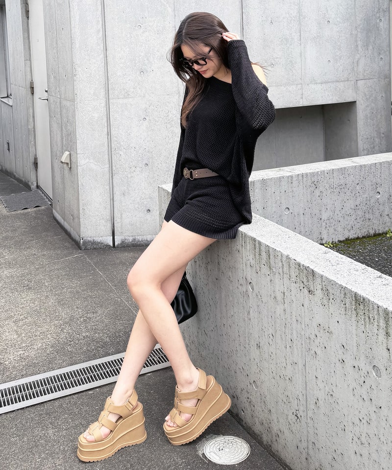 ボーダーオフショルトップス×ショートパンツ ボーダー F