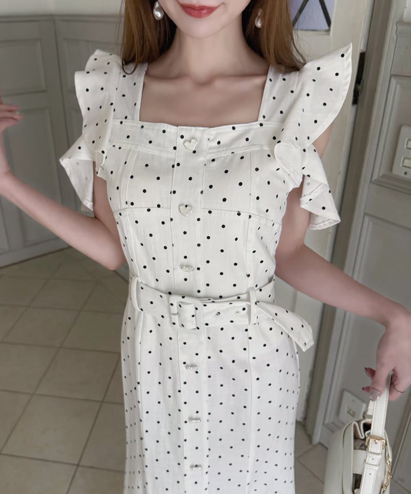 ハートボタンラッフルスリーブドットワンピース デニムブルー F