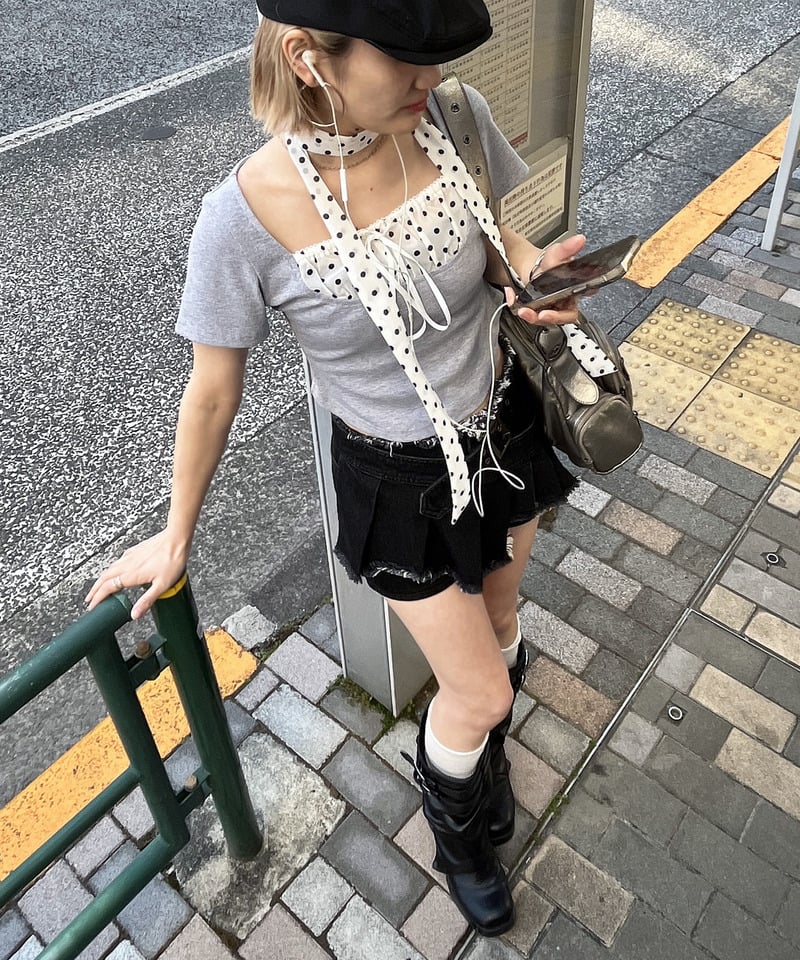 ドット柄チョーカーレイヤードトップス グレー F