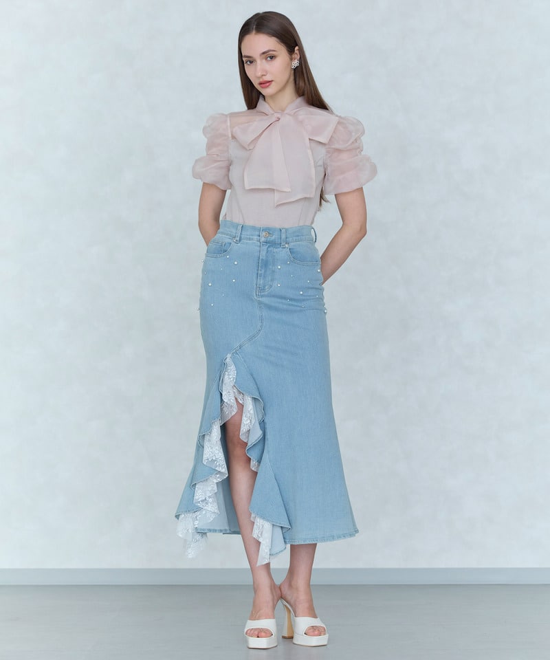 シアーリボンドッキングカットトップス ピンクベージュ F