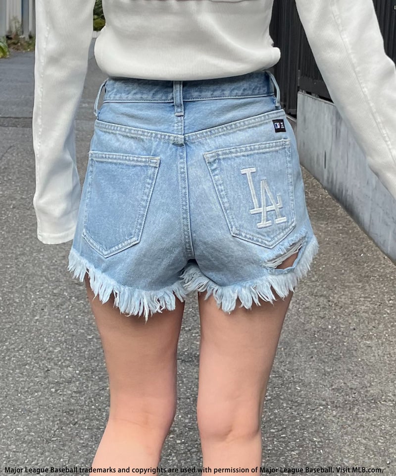 【MLB】ダメージデニムショートパンツ ブルー S