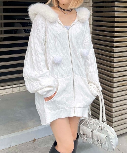 ぽんぽん付きケーブル編みZIPニットパーカーワンピース ブラウン F