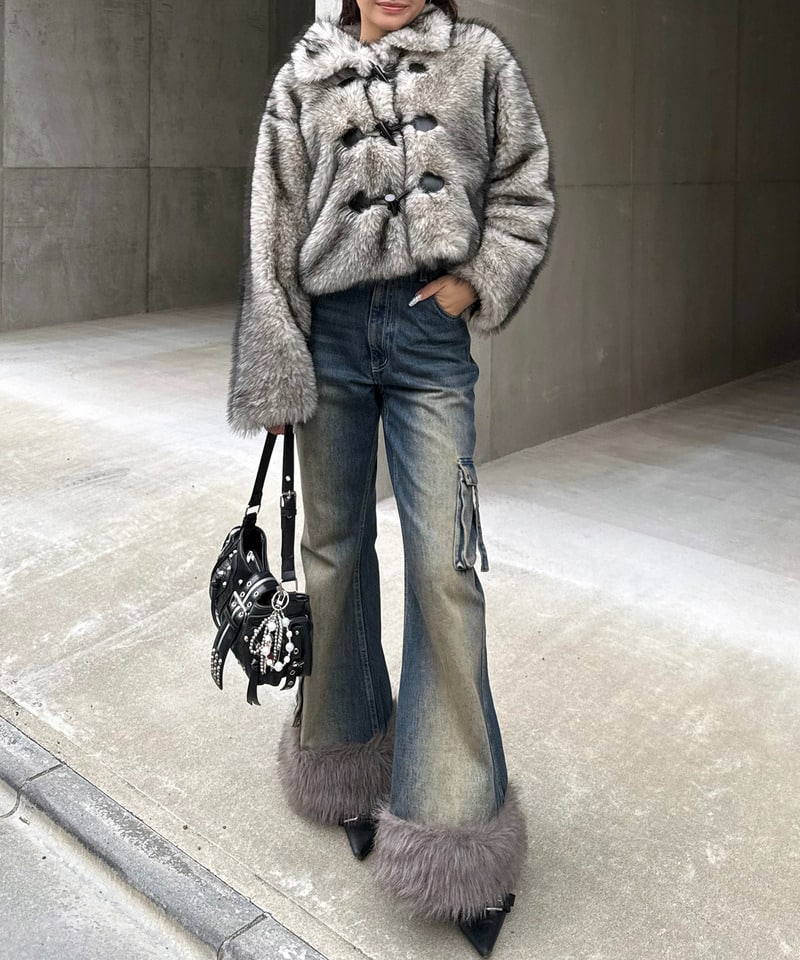 ファーダッフルショートコート グレー F