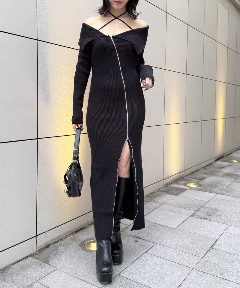 ビックカラーZIPロングワンピース ベージュ F