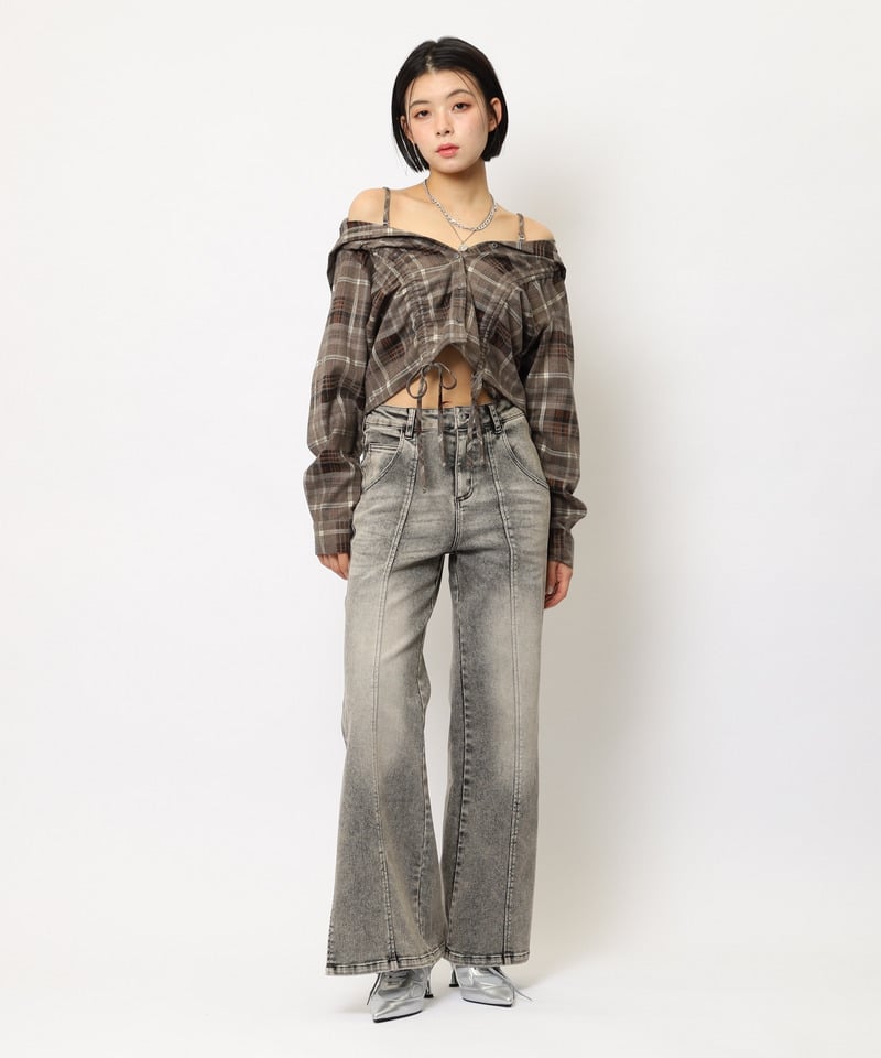 フード付きチェックトップス ベージュ F